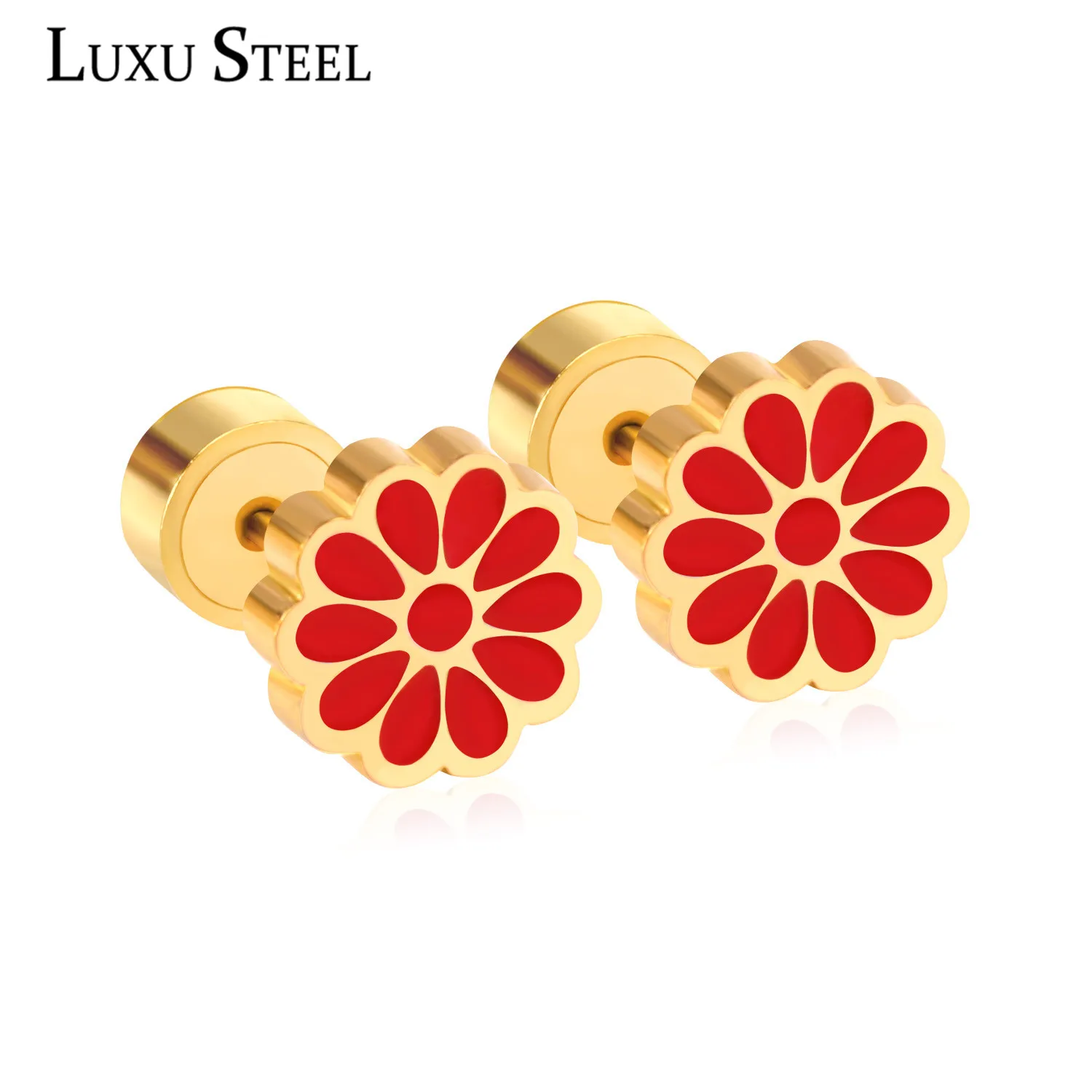 

LUXUSTEEL Red Earrings 2020 Cute Style Anti-allergy Stainless Steel Screw Flower Stud Earring Fashion Jewelry Accesorios Mujer