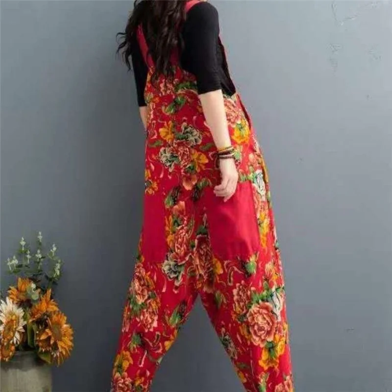 Jumpsuits Women Overalls Floral Print Cotton Linen Jumpsuit 2023 Long Holiday Summer Overalls Rompers