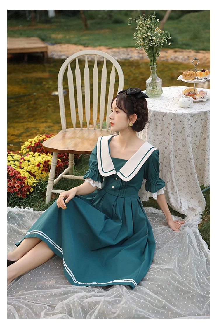 

Japan Preppy Style Green Dress Women Summer Sweet Sailor Collar Petal Sleeve Large Size Mori Girl Dresses Cottagecore Vestido