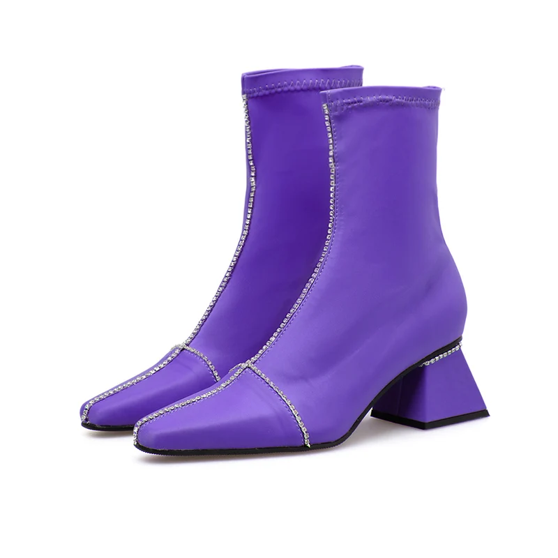 2019 г. женские фиолетовые ботинки ботильоны из сатина Шелковый носок сапоги на
