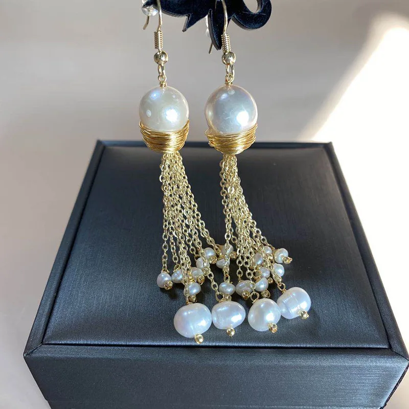 

Natural Fresh Water Pearl Long Tassel Dangle Earrings For Women Wedding Gift Handmade Luxury Jewelry Original Design Fashion New