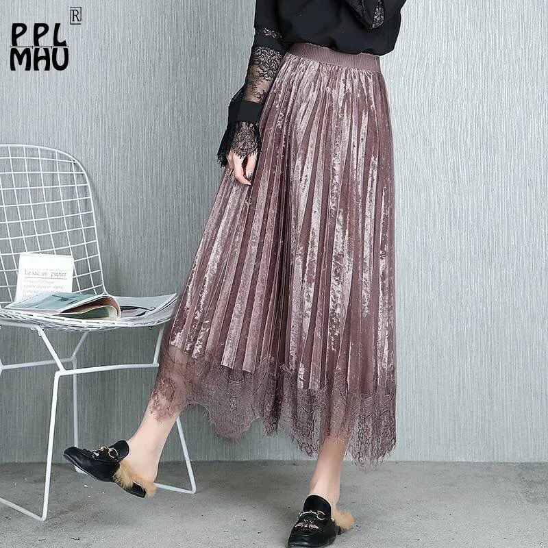 

New Collection Lace Tulle Long Skirts for Women Girls Casual Floral Pleated Maxi Skirt Female Large Size A-line Fairy Skirt