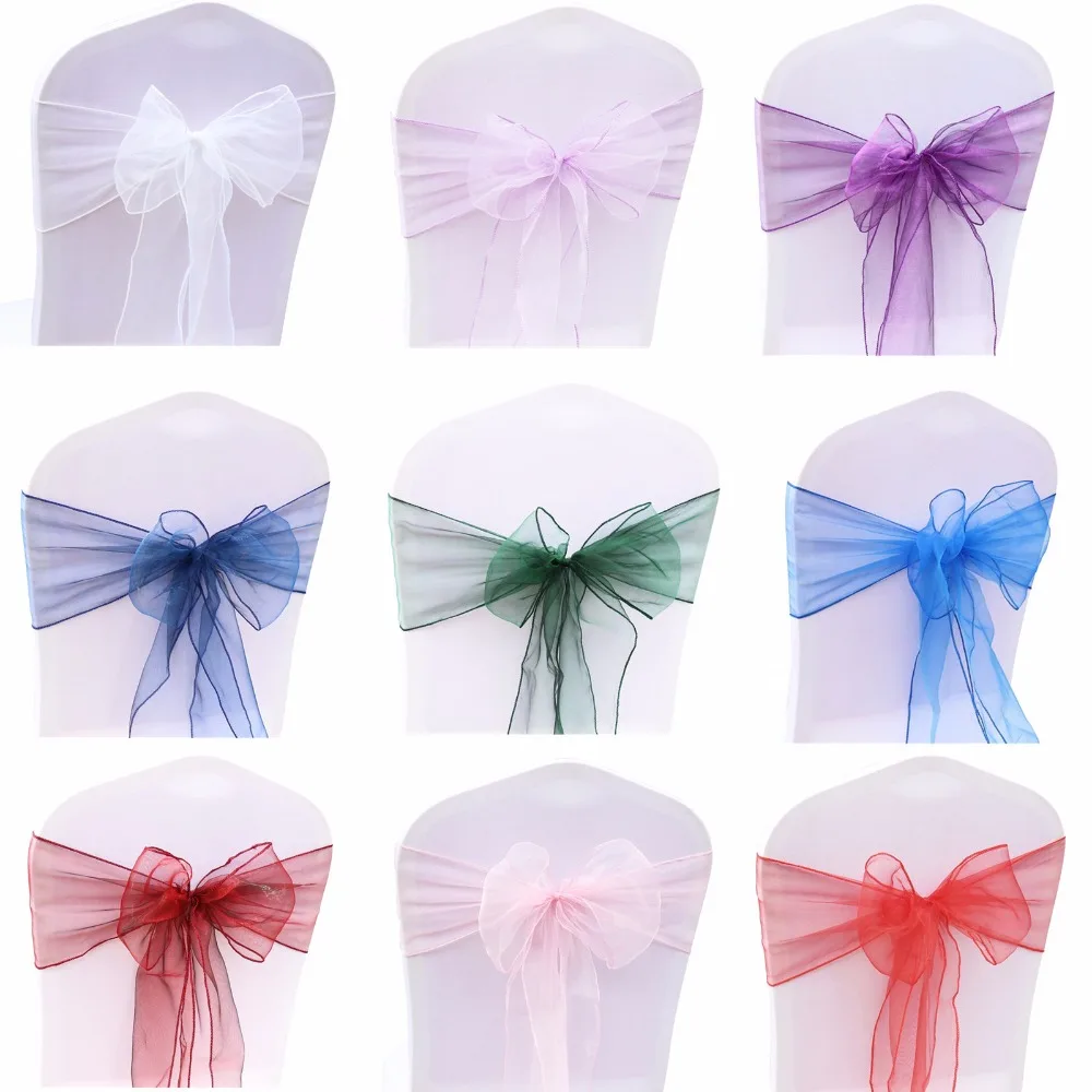 

100pcs Organza Chair Sash Bow For Cover Banquet Wedding Party Event Chrismas Decoration Sheer Organza Fabric Supply 18cmx275cm