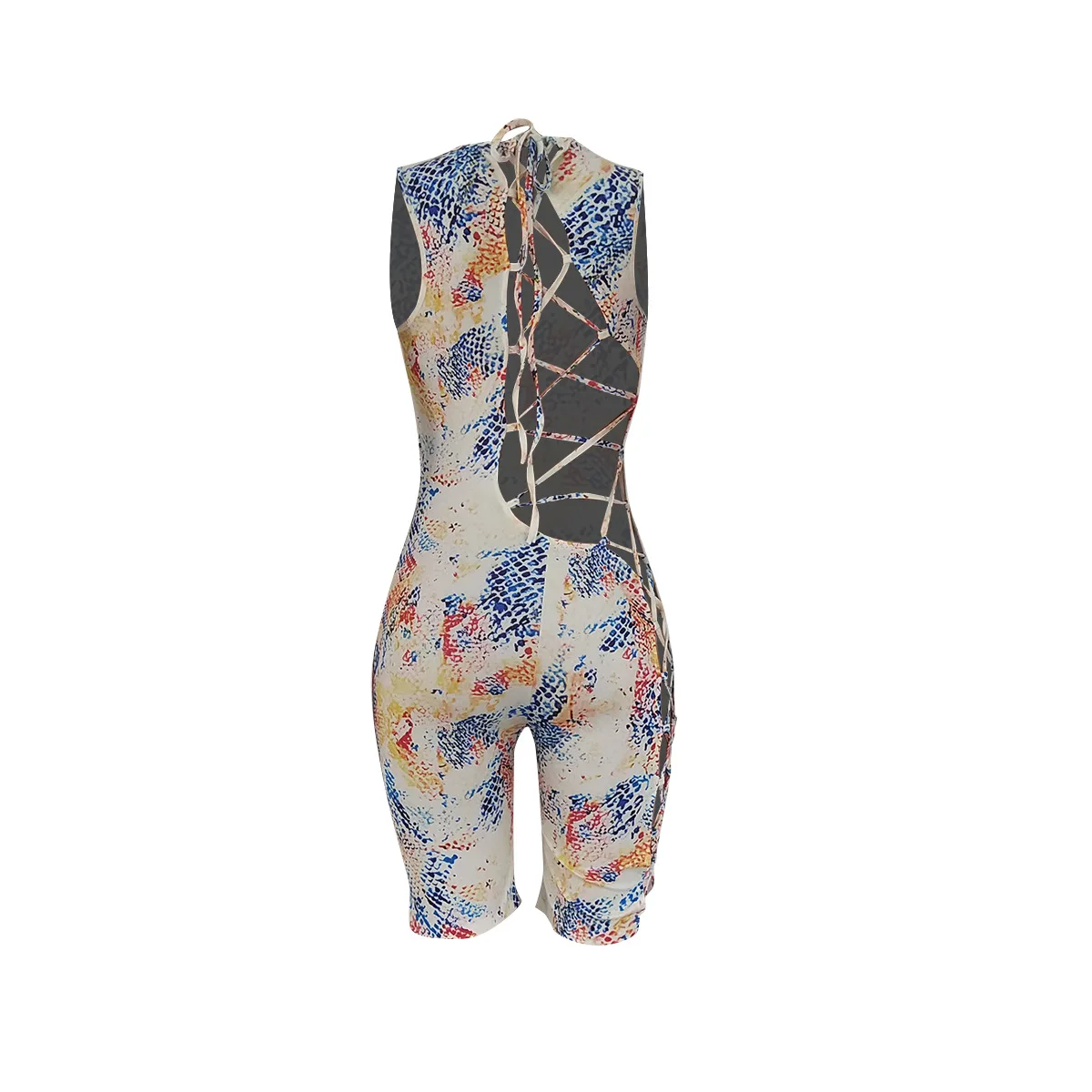 

HAOOHU Sexy Tie Dye Backless Bandage Bodycon Playsuit Summer Body One Piece Club Outfits Rompers Womens Jumpsuit Biker Shorts