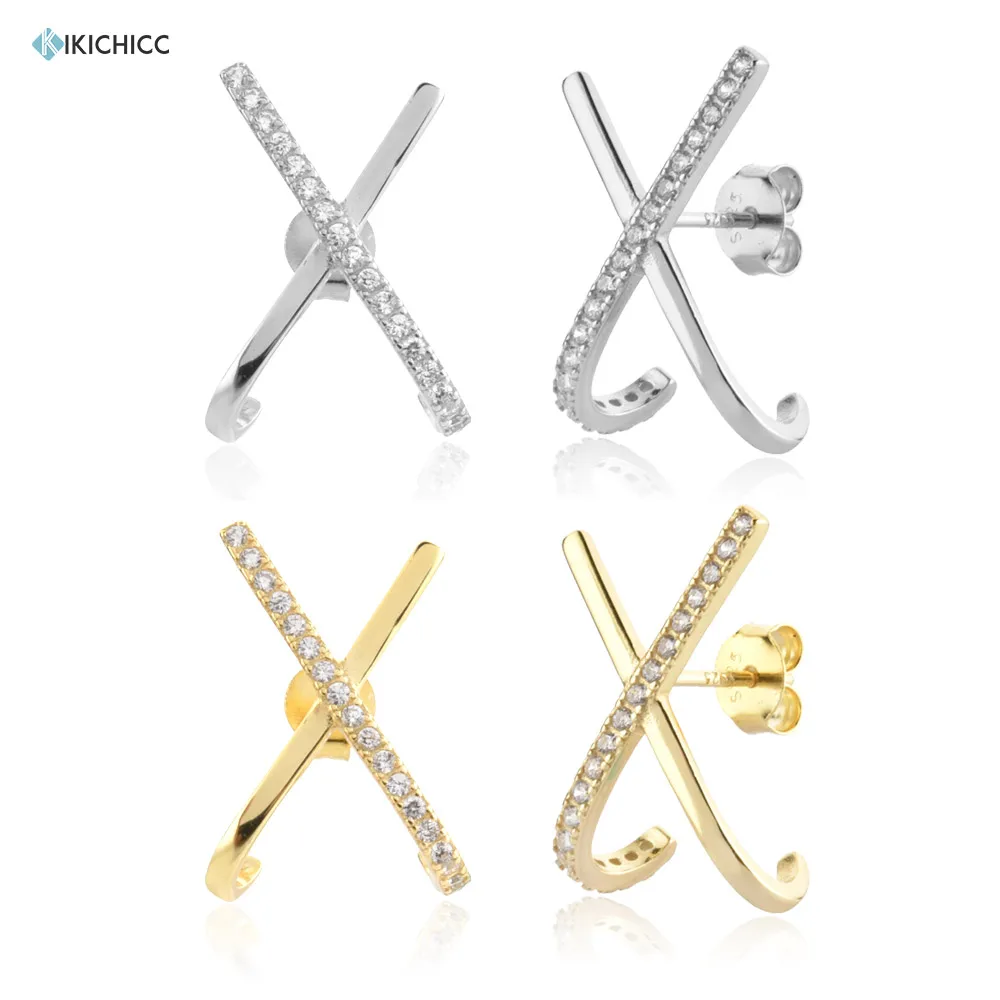 

KIKICHICC925 стерлингового серебра 2021 с перекрестными ремешками золотого цвета Циркон Серьга-гвоздик для пирсинга Pendiente зажимы Роскошные ювелир...