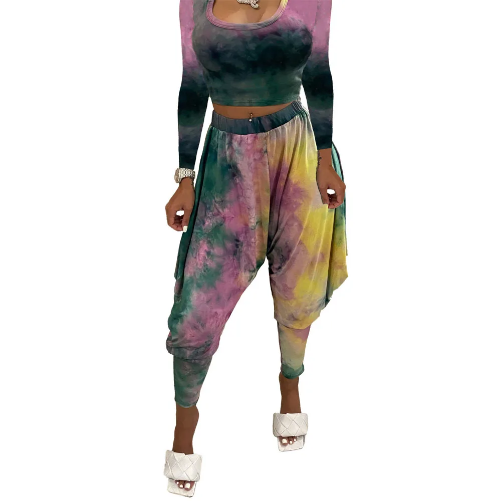 

Tie Dye Print Long Sleeve Bandage Crop Top and Baggy Loose Long Sweatpant Autumn Winter Clothes for Women Casual Two Piece Suit