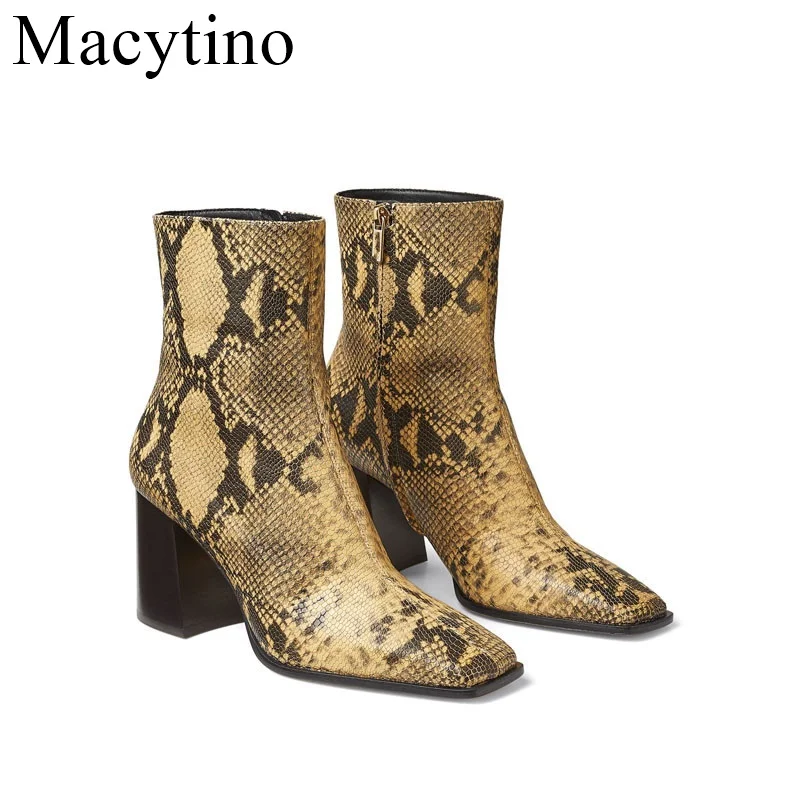 

Ankle Boots For Women Pointed Toe Snake Pattern Chunky Heels Warm Winter Short Boots Zipper Square Heels Comfortable Lady Shoes
