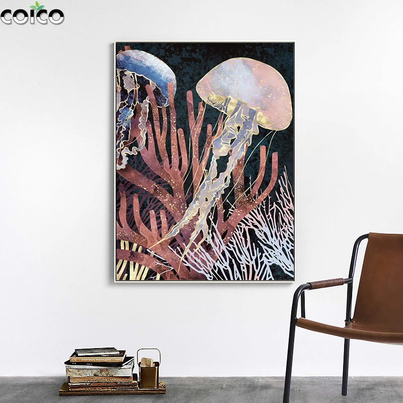 

Jellyfish Fish Octopus Living Room Poster On Canvas Wall Home Decor Painting Nordic Modern Gold Prints Seabed Animals Picture