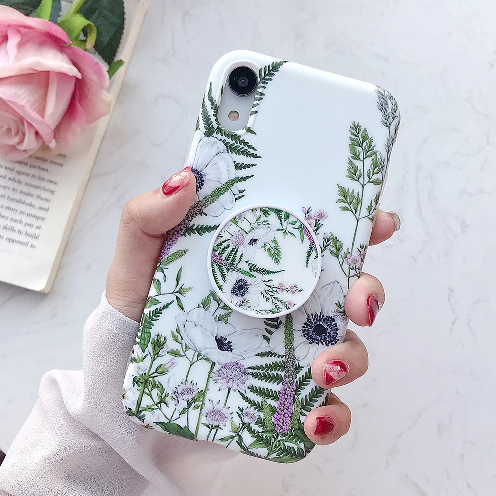 t((With Kickstand) LOVECOM Ретро цветок лист стрейч держатель чехол для телефона для iPhone 11 Pro Max XR XS Max 7 8 6 Plus чехол мягкий IMD Телефон задняя крышка - Цвет: t((With Kickstand)