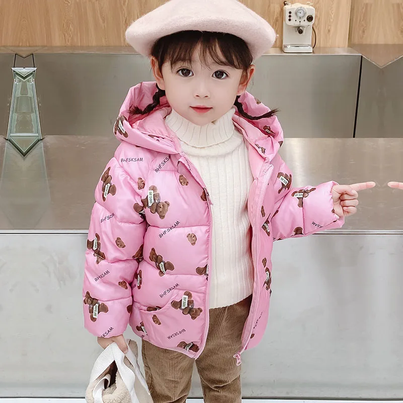 

Jacket for girls sweet cartoon print boys winter hooded coat thick warm 0-7 years old Beibei fashion high-quality child clothing