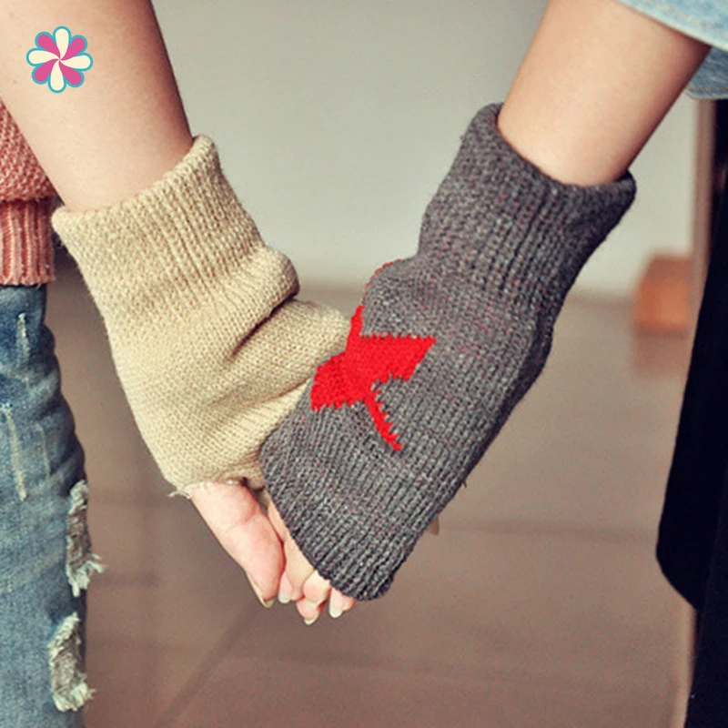 

Women Fingerless Knitted Gloves Fall Winter Solid Color Gloves With Five-point Star Print W118