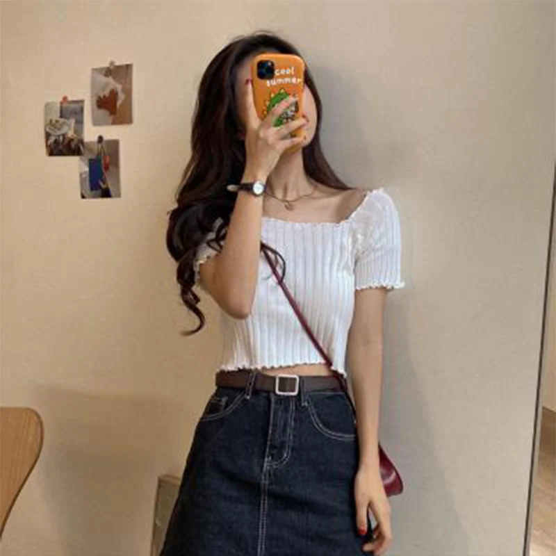 

traf za Women 2021 Shoulder Knitting Short Sleeve Stretchy Ruffles Hem t shirts Stripes femme trafaluc groot zaraing bt21 btses