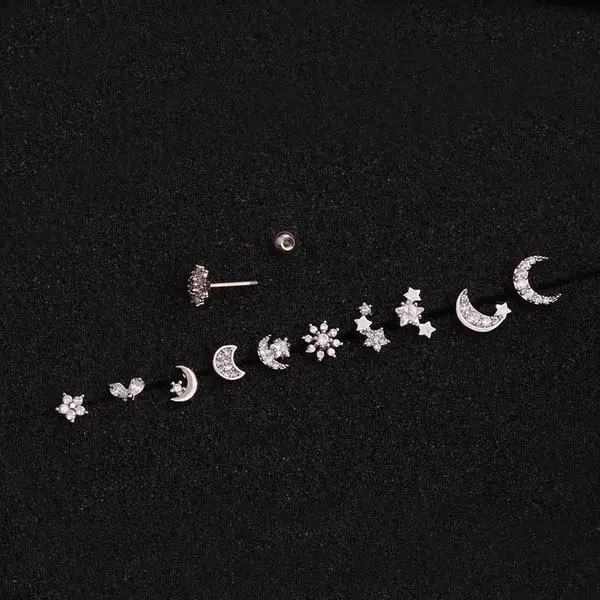 Серьги-гвоздики женские с фианитами маленькие украшения для ушей Луной и
