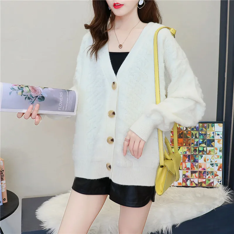 

2022 модный новый осенне-зимний Кардиган, куртка с v-образным вырезом, Однотонный свитер, трикотажный свитер для женщин