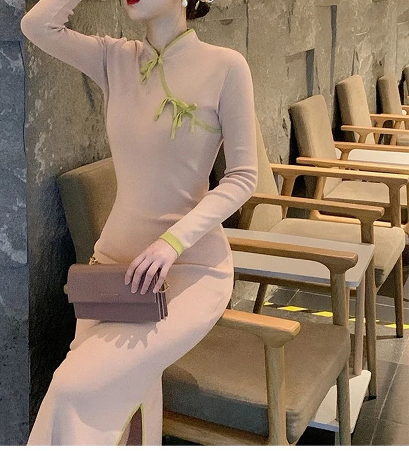 

Женское трикотажное платье-свитер средней длины, элегантное платье в китайском стиле Ципао, Осень-зима 2021