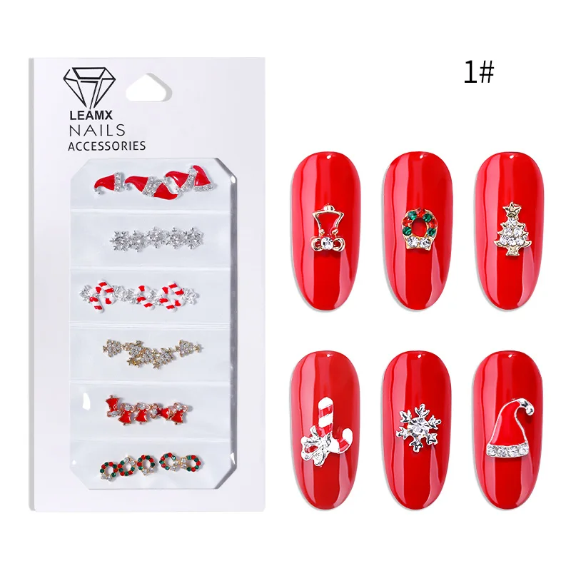 

LEAMX Christmas Series Nail Art Decorations Kit Hat Santa Bells Crutches Snowflake Alloy Charms DIY 3D Manicure Nail Drill L532