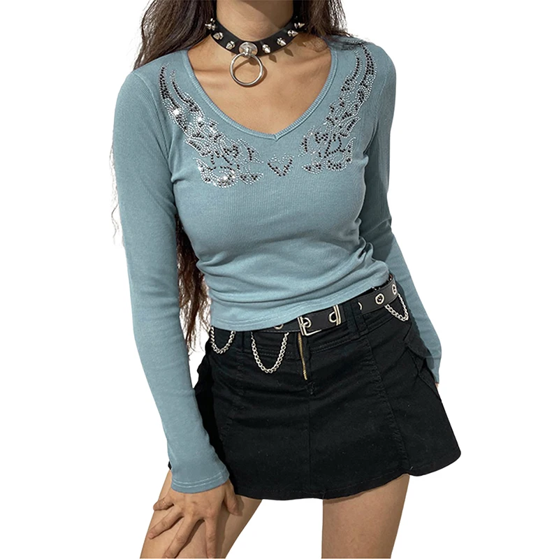 

Autumn Women Slim-fit Crop Tops Ladies Vintage Fashion Rhinestone Long Sleeve Round Neck Sexy Slim T-shirt