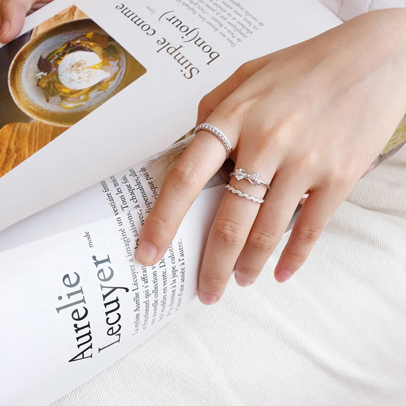 

Chic 100% S925 Sterling Silver New Fashion Rings for Women Simple Bow Shape Micro Inlay Zircon Wild Style Opening Jewelry
