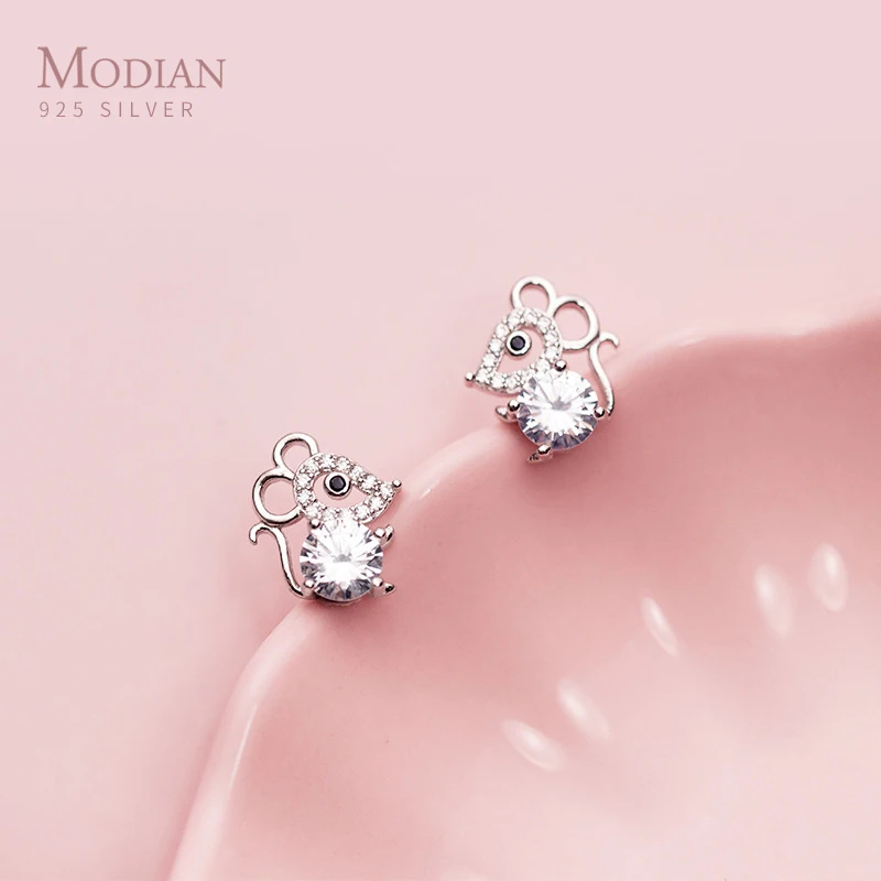 Modian Real 925 Sterling Silver Cubic Zircon Cute Mouse Stud Earrings for Women Fashion Animal Ear Pin Fine Jewelry 2020 New | Украшения и
