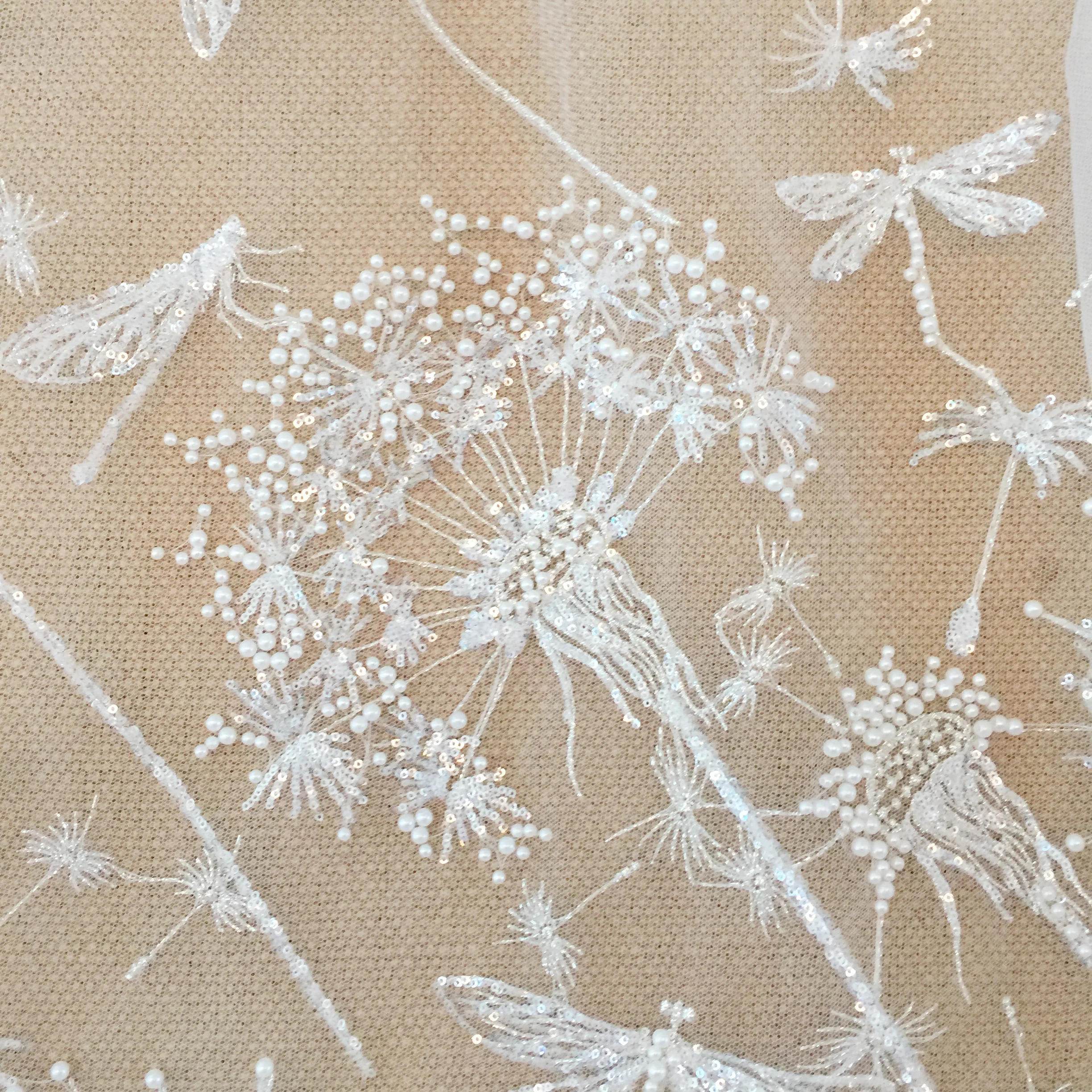 Ivory 3D Beaded Tulle Lace Fabric with Dandelion Dragonfly Haute Couture Weddiing Gown Beach Dress DIY Flower Fabric by Yard