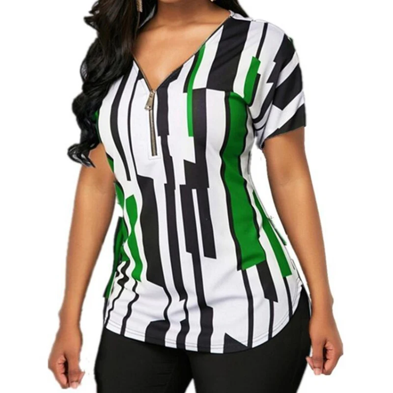 

Women Casual V-neck Zipper Shirt Female Short Sleeve Shirts Summer Office Lady Striped Blouses