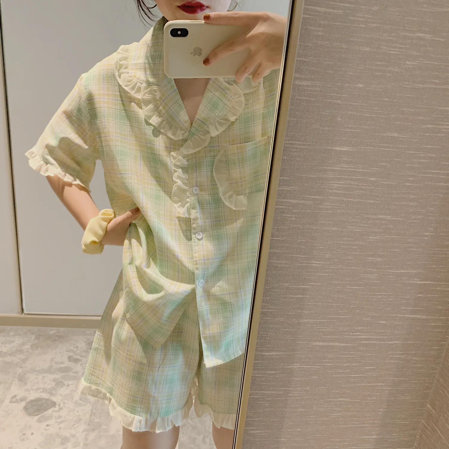 

korea pajama set summer cotton pyjamas sweet ruffles lapel sleepwear girls kawaii plaid pijama home suit 2 piece set Y781
