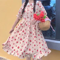 skirt womens summer japanese style sweet doll collar strawberry printed short sleeved loose fit slim fit buckle ruffle dress