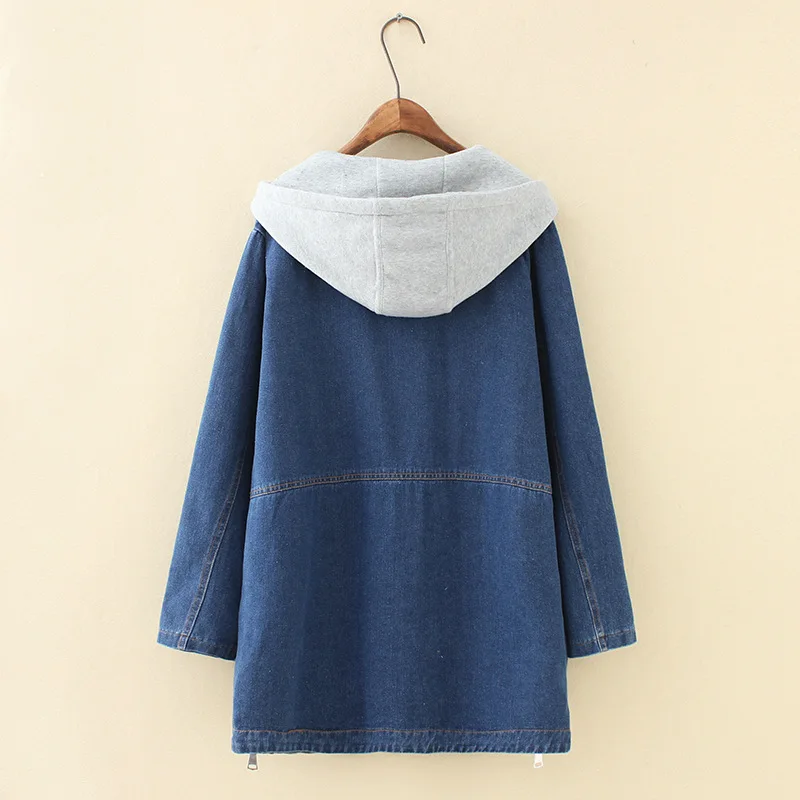 Куртка женская джинсовая оверсайз модная длинная свободная с капюшоном и