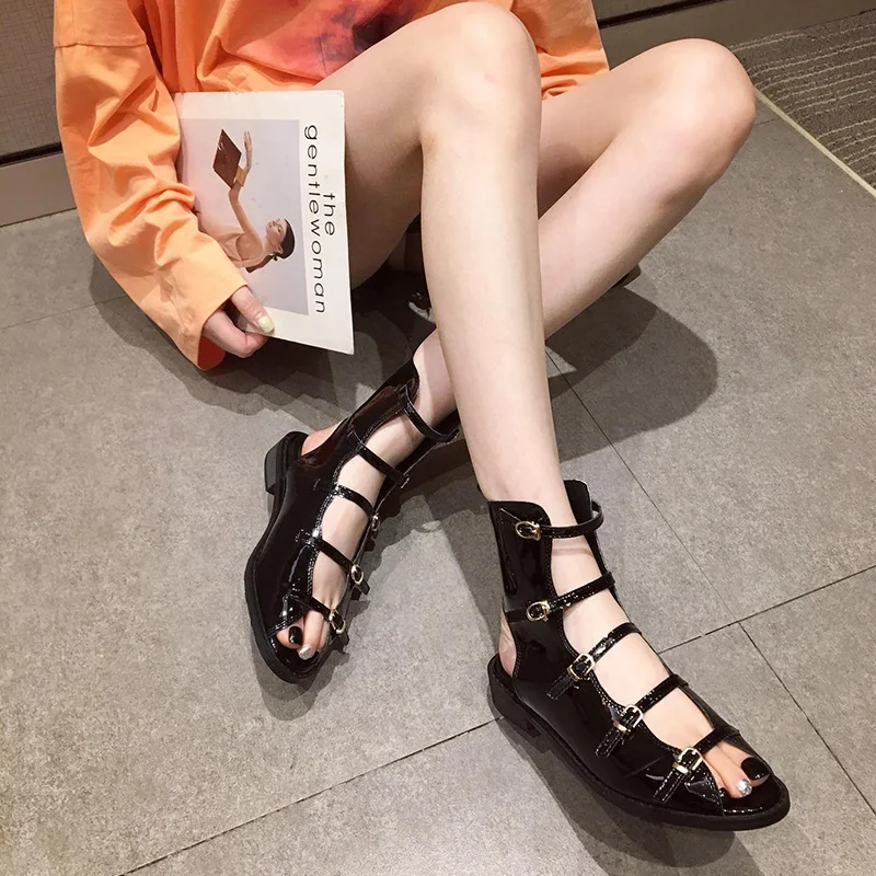 

Модные женские высокие босоножки с вырезами на низком каблуке туфли с открытым носком J41