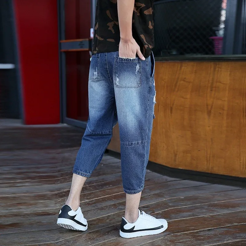 

Harajuku Korean Loose Hole Ripped Cowboy Jeans Spring Summer Fashion Thin Casual Pockets Male Calf Length Denim Pants Plus Size