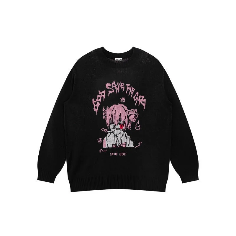 

Autumn and winter hip-hop trend dark black two-dimensional printing Harajuku sweater Y2K sweater round neck warmth Japanese