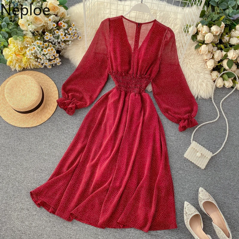 Женское шифоновое платье в горошек с v образным вырезом и высокой талией