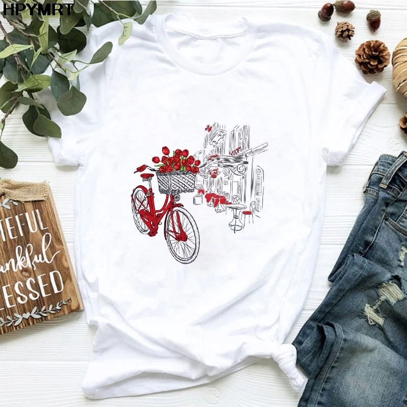 

Women's 2021 Fashion Female T-shirt Cycling Pink Printing Women T Shirt Casual O-neck Shirt Short Sleeve Korean Tops Tee