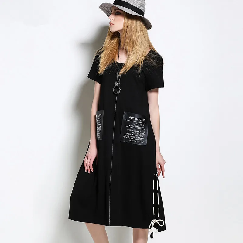 

Plus Size Fashion European Women Dress Short Sleeve Casual Long Party Dresses Zipper Pockets Ladies Maxi Dress Black Vestidos