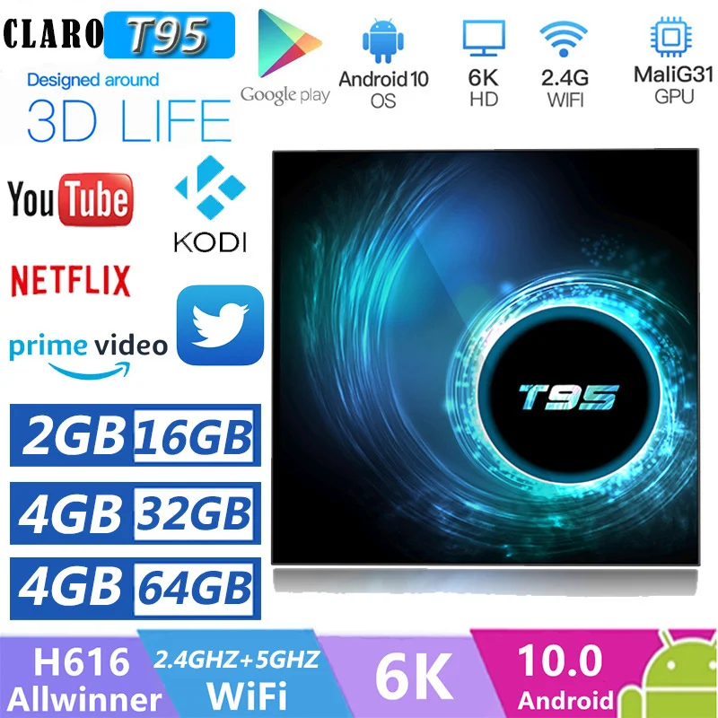 

CLARO T95 Tv Box 4GB 32GB ROM Duble Wifi Bluetooth Android 10 Smart TV Box Allwinner H616 Support 6K Media Player Set Mi Box