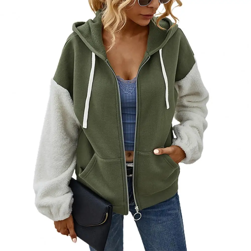 

Plush Hoodie Contrast Color Patchwork Women Hooded Drawstring Zipper Coat Streetwear
