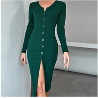 knit midi dresses for women sexy button elegant long sleeve v neck bodycon split bodycon 2022 autumn fashion dresses