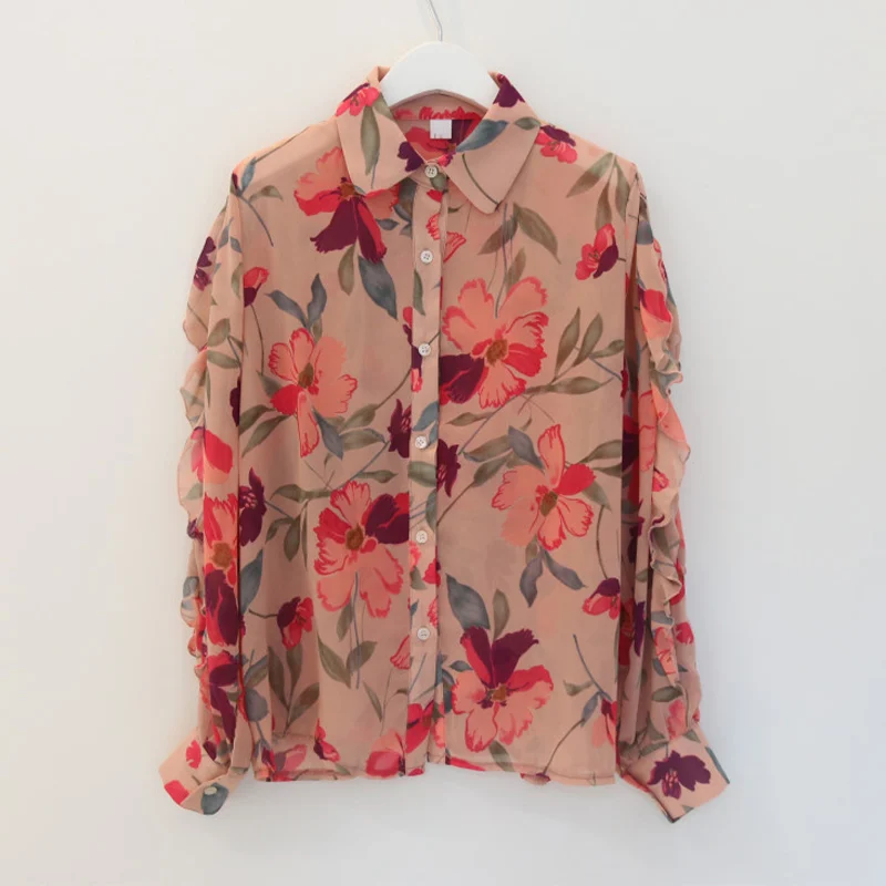 

Summer Flower Print Ruffle Patchwork Women Shirt Long Sleeve Single Breasted Thin Female Shirts Korean Fashion Casual Ladies Top