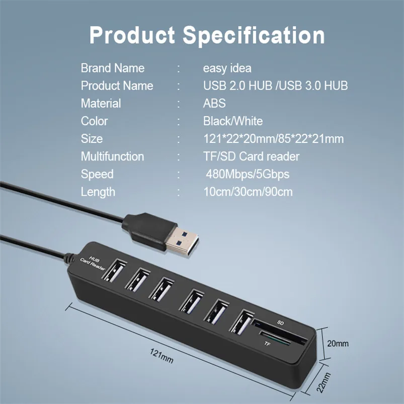 USB-разветвитель usb-хаб 3 0 с / 6 портами USB 2 и устройство считывания карт Micro TF/SD