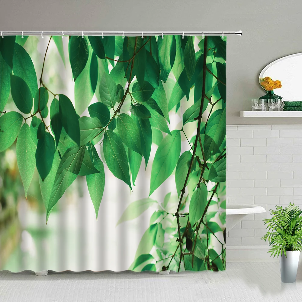 

Занавеска для душа с зелеными листьями, декоративная Весенняя Водонепроницаемая Штора для ванны с крючками, с растениями, цветами, вьющимис...