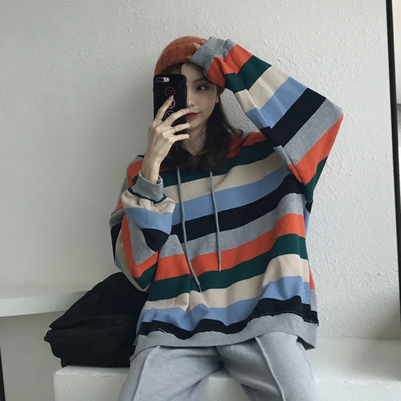

ZOGAA 2021 Autumn New Plus Size Women's Striped Long-sleeved Hooded Sweatshirt Loose Casual Hoodie Top