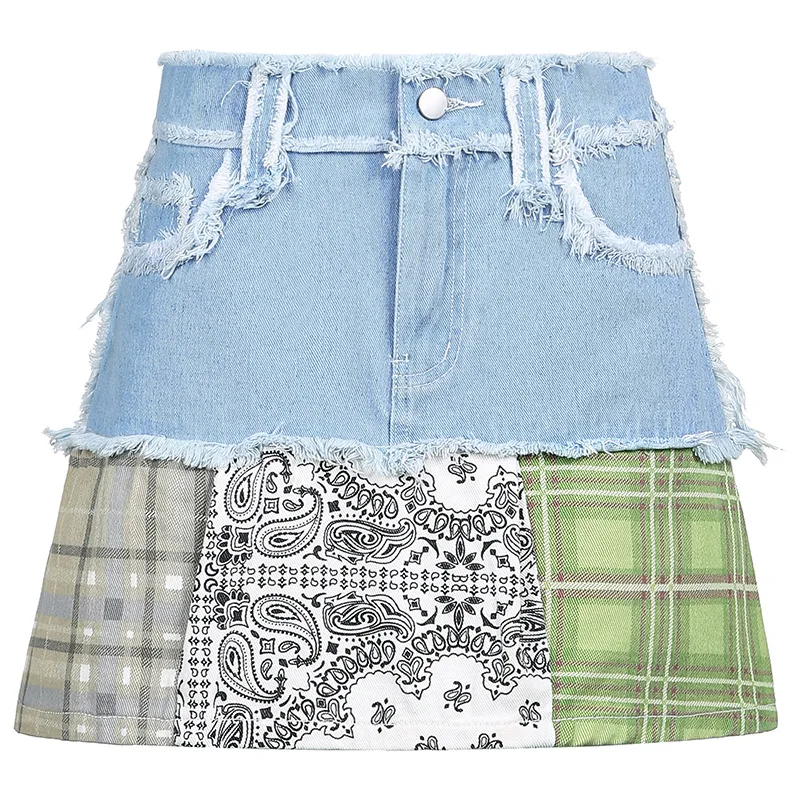 

Indie Patchwork Raw Edges Denim Skirts Summer Women Fashion Casual High Waist Mini Skirts 2021 New All Match Individual Skirts