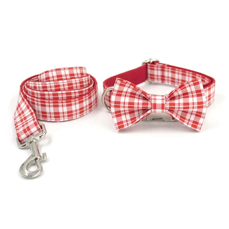 

Dog Collar Leash Set with Name Personalized ID Bow Tie Dog Collar Classic Plaid Pet Collar & Walking Lead for Small Big Dogs