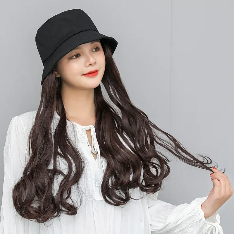 

2021 Fisherman Bucket Hat Wig Black Brown Long Wavy Curly Wig Cap White Naturally Synthetic Hair Wigs For Women Girls Party