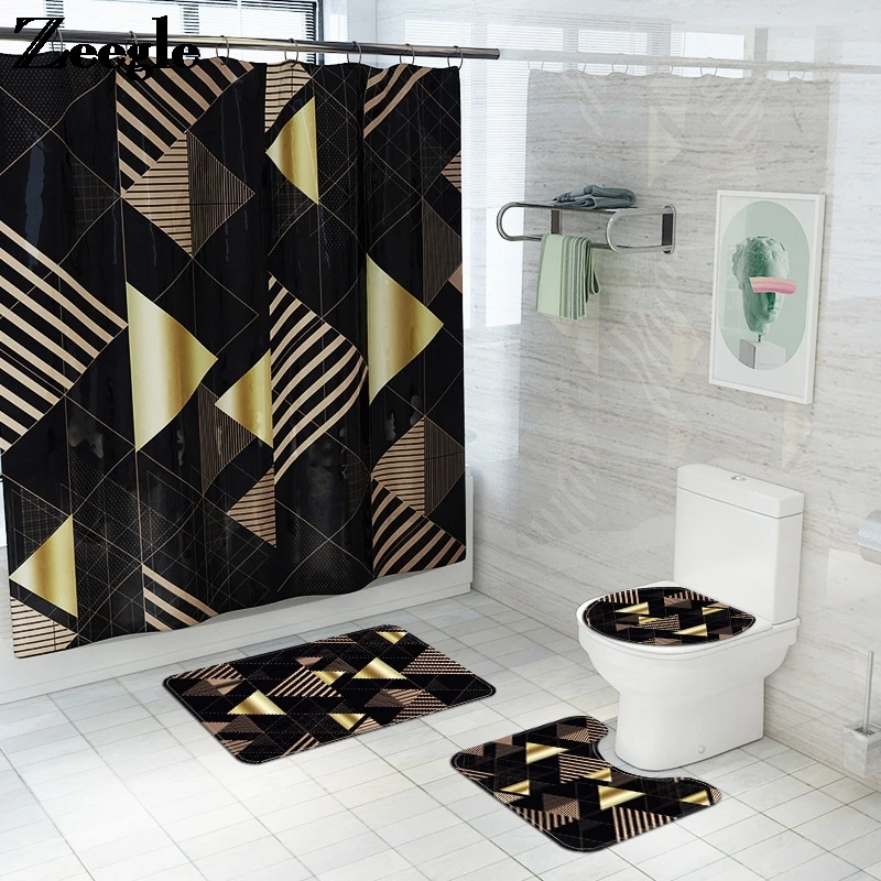 Plaid Printed Bathroom Carpet Rugs Bath Mat and Waterproof Shower Curtain Set Memory Foam Toilet Seat Cover Mat Foot Mats