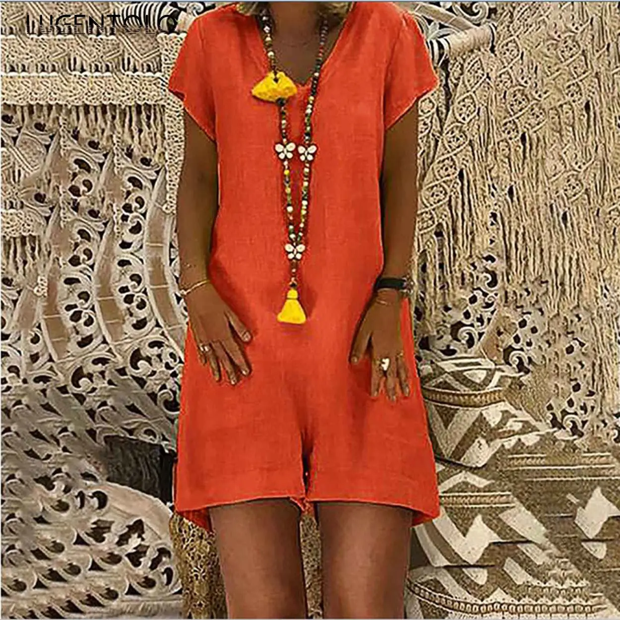 

Summer Short Jumpsuit Women Loose Short Sleeve V-neck Playsuits Large Size Casual Female Street Straight Jumpsuits Lugentolo