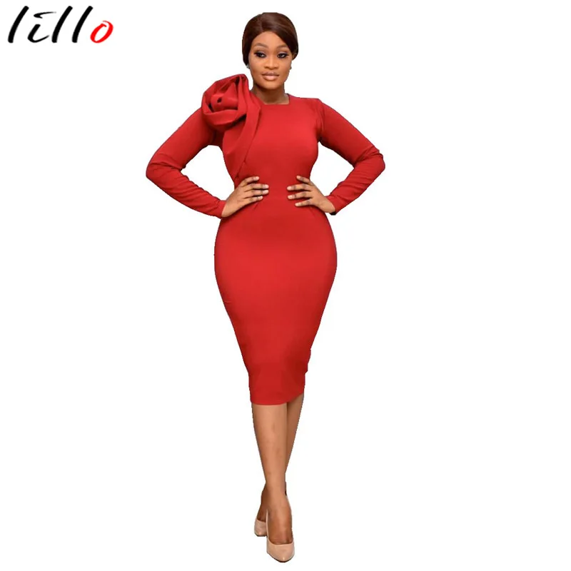 

dress women Office Lady party dress New round neck flower long sleeve slim dress summer Solid Full Knee-Length