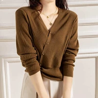 v neck oblique buckle hem drawstring design top autumn new long sleeved wool knit cardigan women vintage sweater