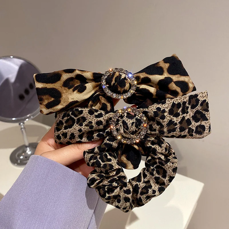 

Fashion Leopard Elastic Hair Bands Bowknot Rhinestones Hair Ties Headwear for Women Girls Hair Accessories Gifts