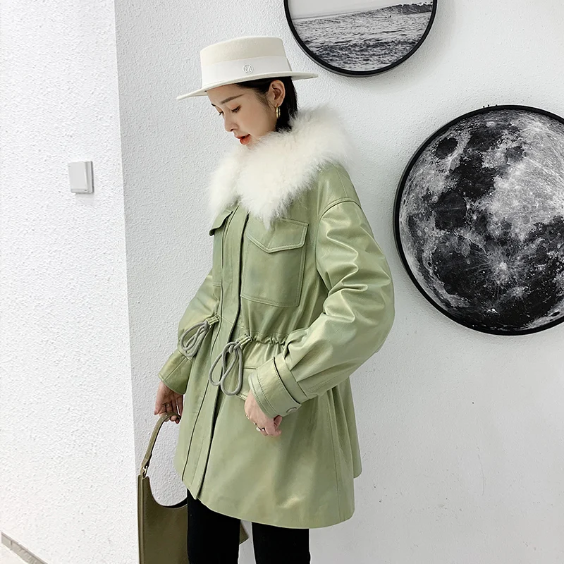 

JCHB 2021 genuine Winter leather New down jacket leather coat Women's Mid-length lamb fur collar Haining fur coat coat fashionab